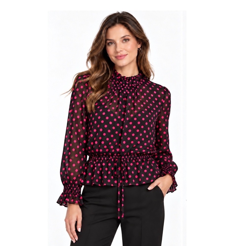 Ann Taylor Pink Polka Dot Ruffle Neck Peplum Blouse Black L Career Chic 119-40